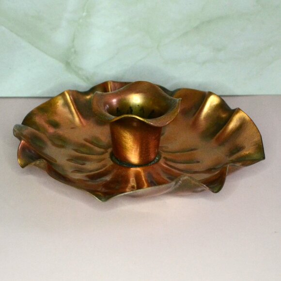 Pair Of Gregorian Copper Candleholders Leaf Like Delicate Design Home Decor - Picture 3 of 6